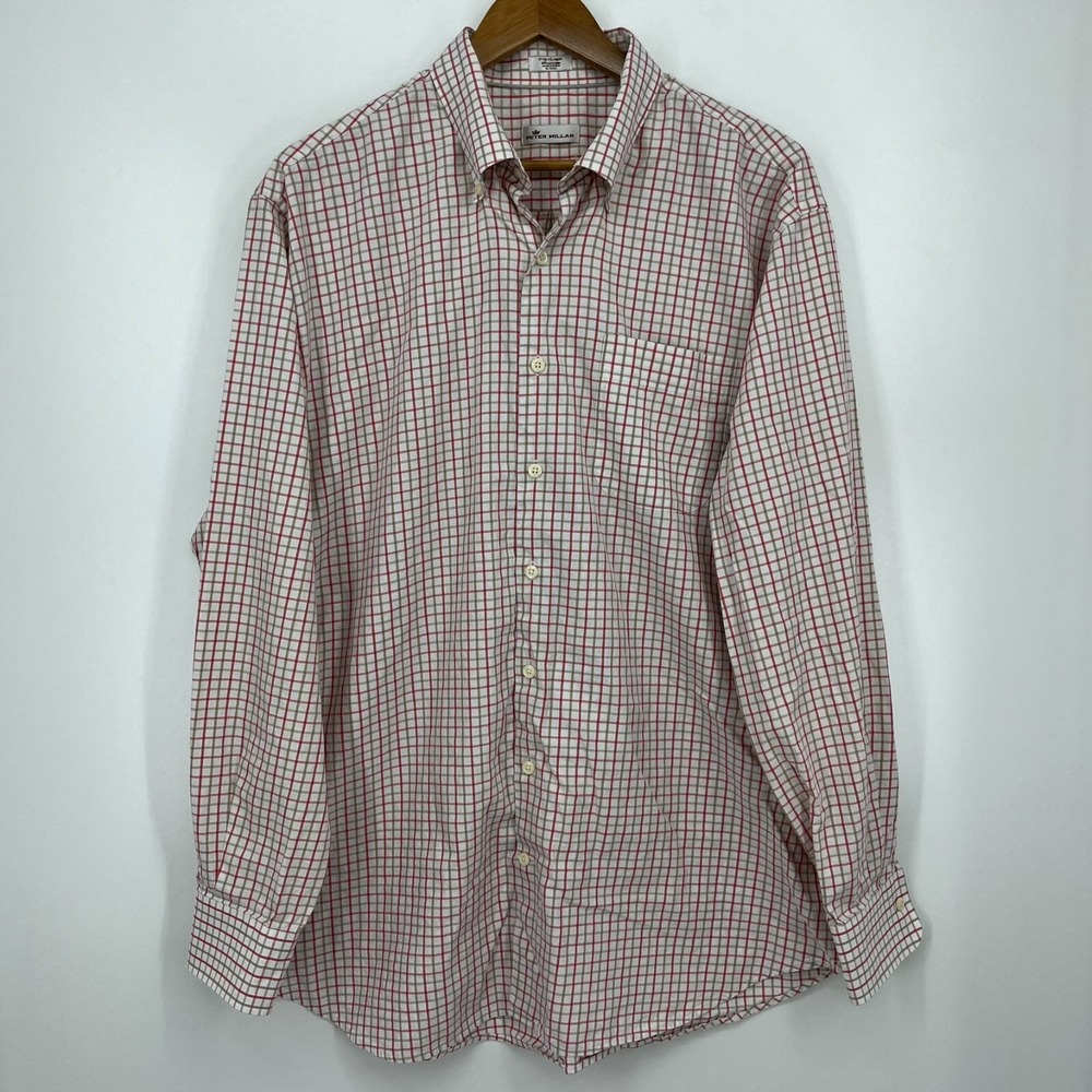 Peter Millar Long Sleeve Button Shirt Men's XL Pink Check‎ Print Cotton Collared